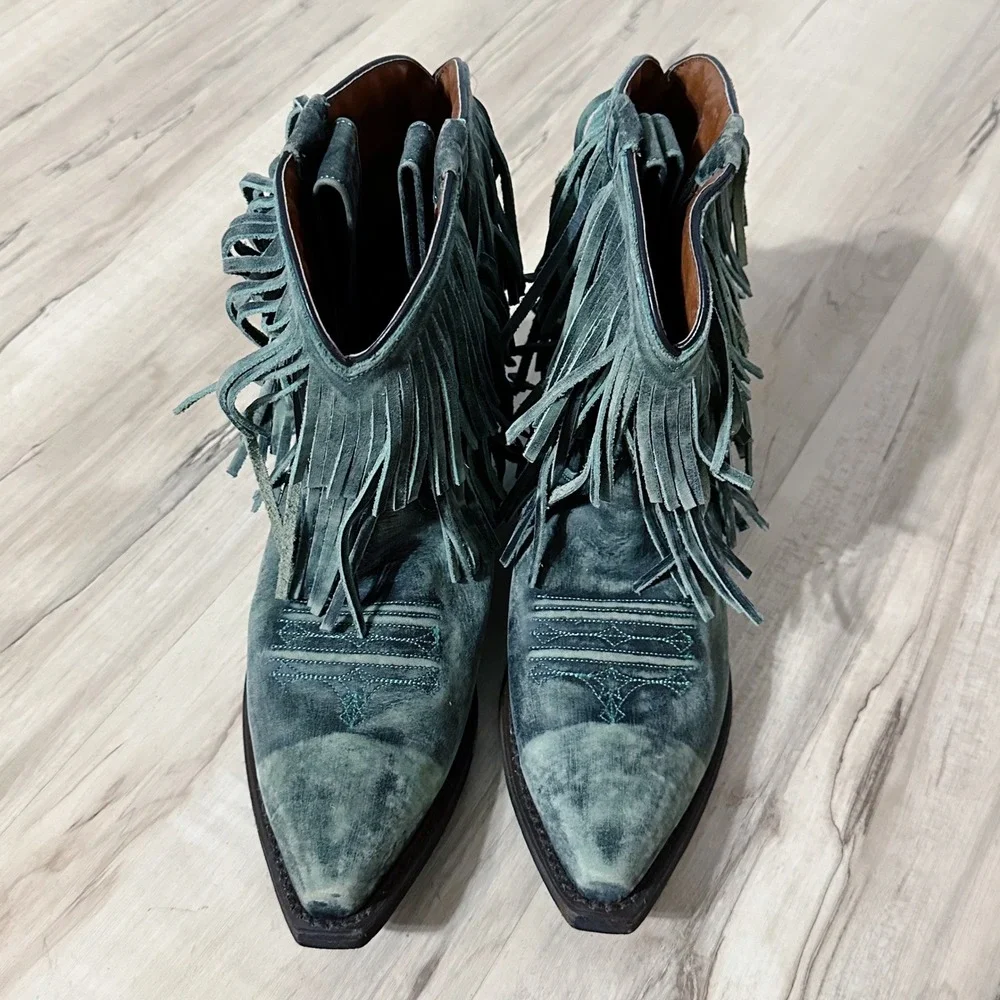 Redneck‎ Riviera Teal Suede Leather Fringe Cowgirl Boots Size 8